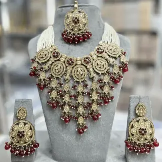White Beaded Hanging Necklace set - Maroon
