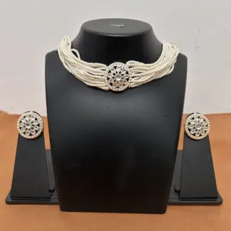 Multi-layer White Beads Choker with Earrings