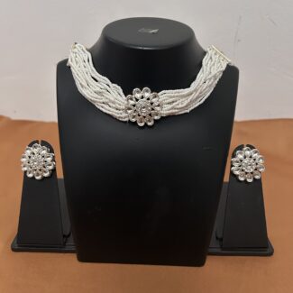 Multi-layer White Beads Choker with Earrings