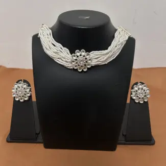 Multi-layer White Beads Choker with Earrings