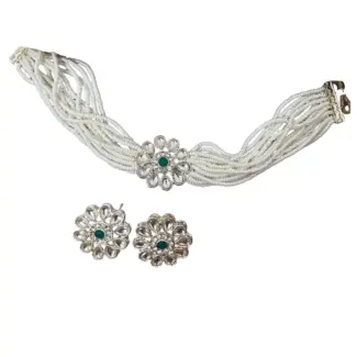 Multi-layer White Beads Choker with Earrings