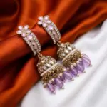 Lavender Kundan Jhumka Earrings with Pearl Droplets