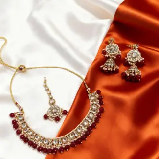Kundan Stone Maroon Beads Necklace set