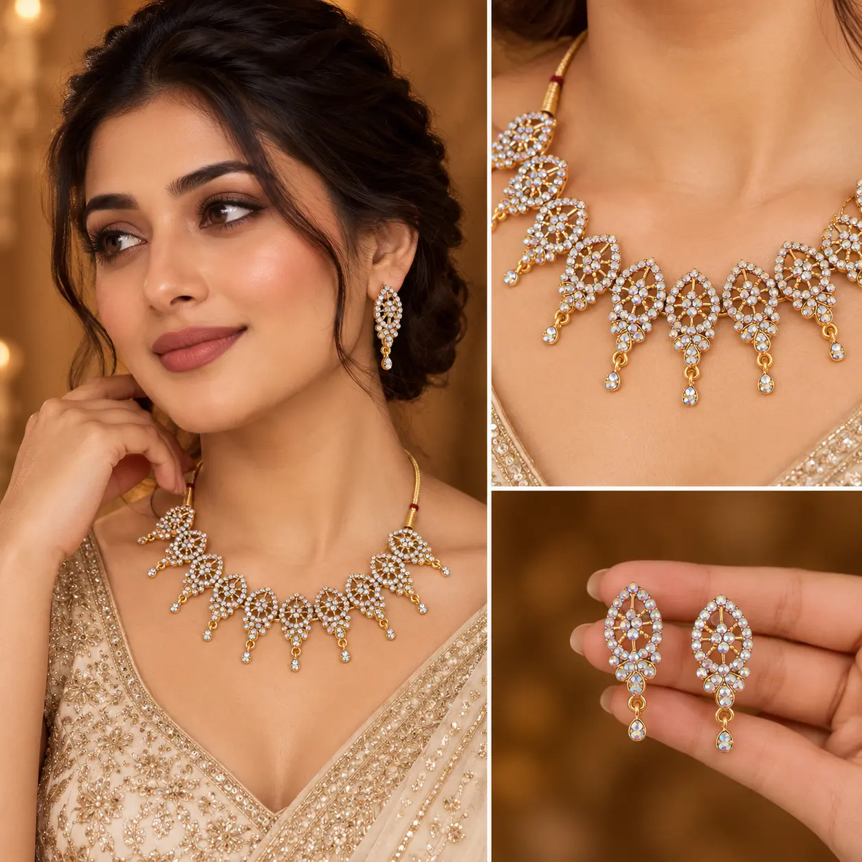 Gold-Tone Iridescent Stone Leaf Motif Necklace & Earring Set - Image 2