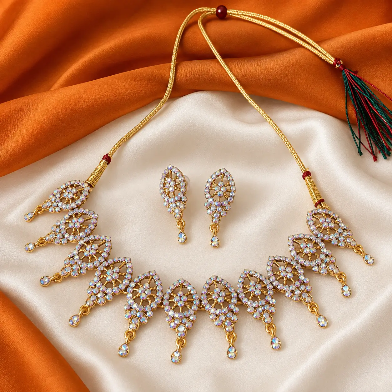 Gold-Tone Iridescent Stone Leaf Motif Necklace & Earring Set