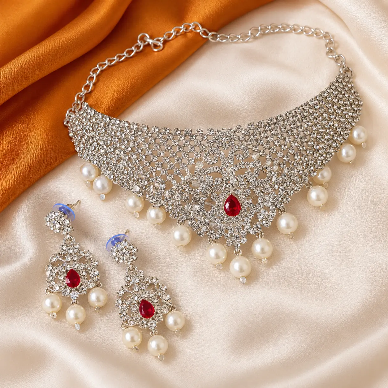 Silver-Tone Red Stone Pearl Drop Choker Necklace Set