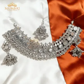 Mirror work Dark Silver Necklace set