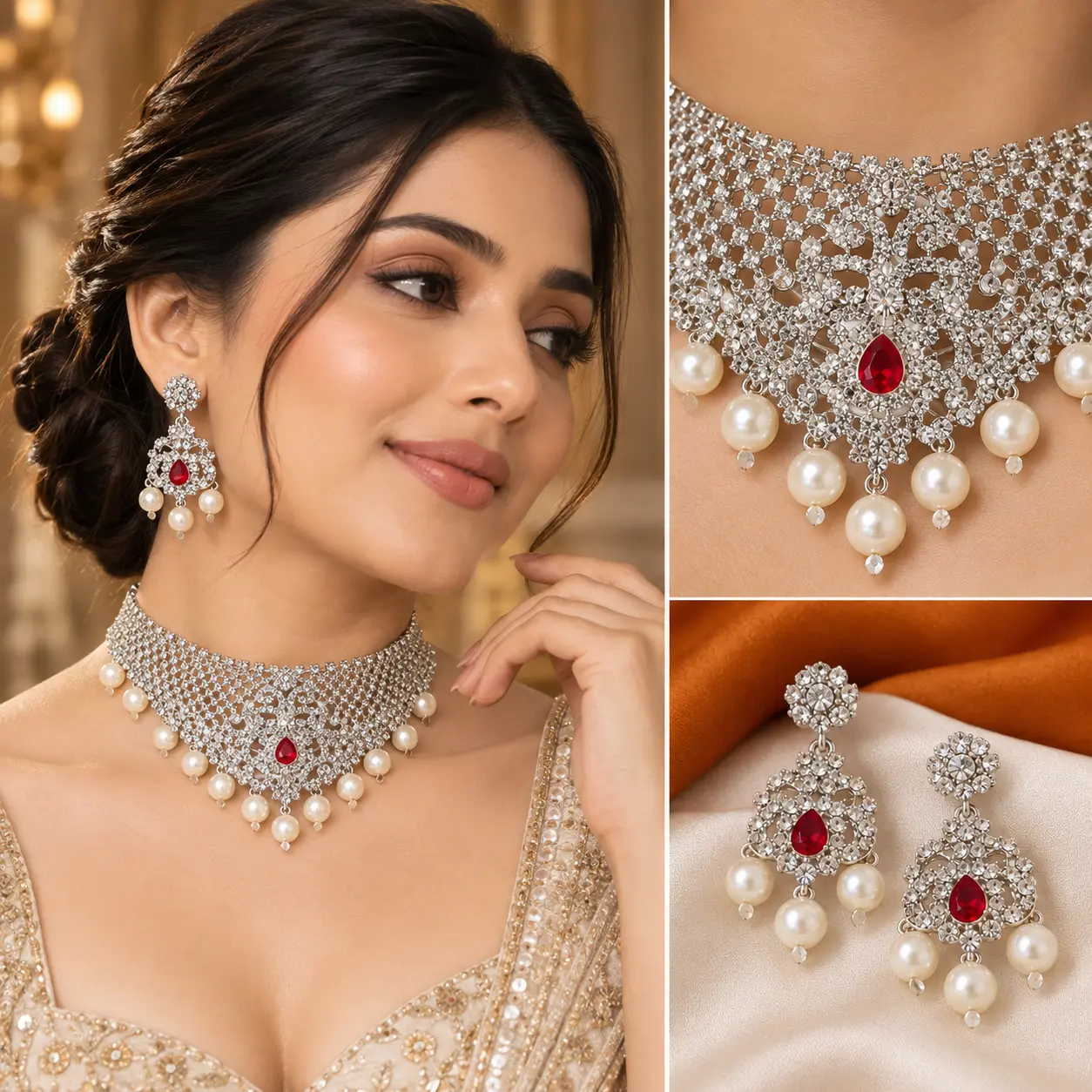 Silver-Tone Red Stone Pearl Drop Choker Necklace Set - Image 2