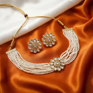 Multi-layer White Beads Choker with Earrings - white stone