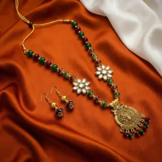 Maroon and Green Beads Maala with Earrings