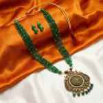 Green and Gold Beads Maal with Earrings