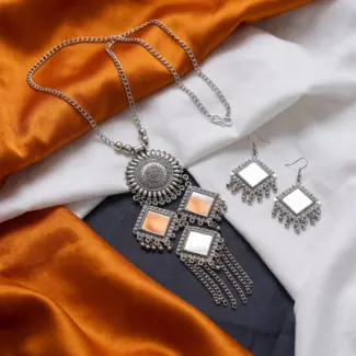 Silver Mirror work Maala with Earrings