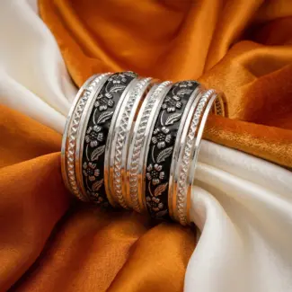 Black floral designed Silver Bangles - 14 Pieces