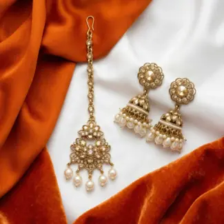 Pearl with stone Jhumka and Tikka set