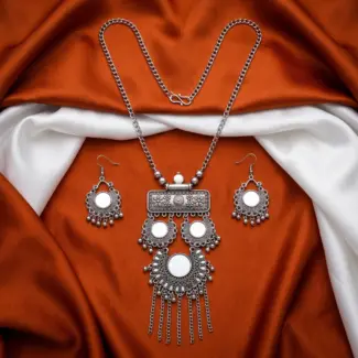 Silver Mirror work Maala with Earrings
