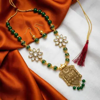 Green and Gold Beads Maala with Earrings