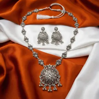 Silver Long Necklace and Earrings