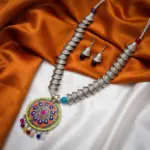 Silver with Multi-colored Beads Maala and Earrings