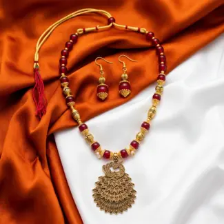 Red and Gold Beads Maala with Earrings