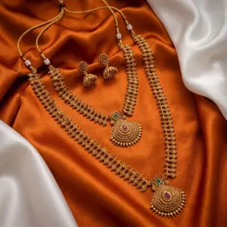 Traditional Matte Gold Plated 2-Piece Combo Necklace Set – Short Choker & Long Haram with Kemp Ruby Pendant and Jhumkas