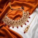 Maroon and Gold Necklace with Tikka
