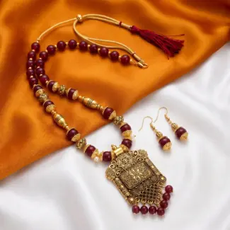 Maroon and Gold Beads Maala with Earrings