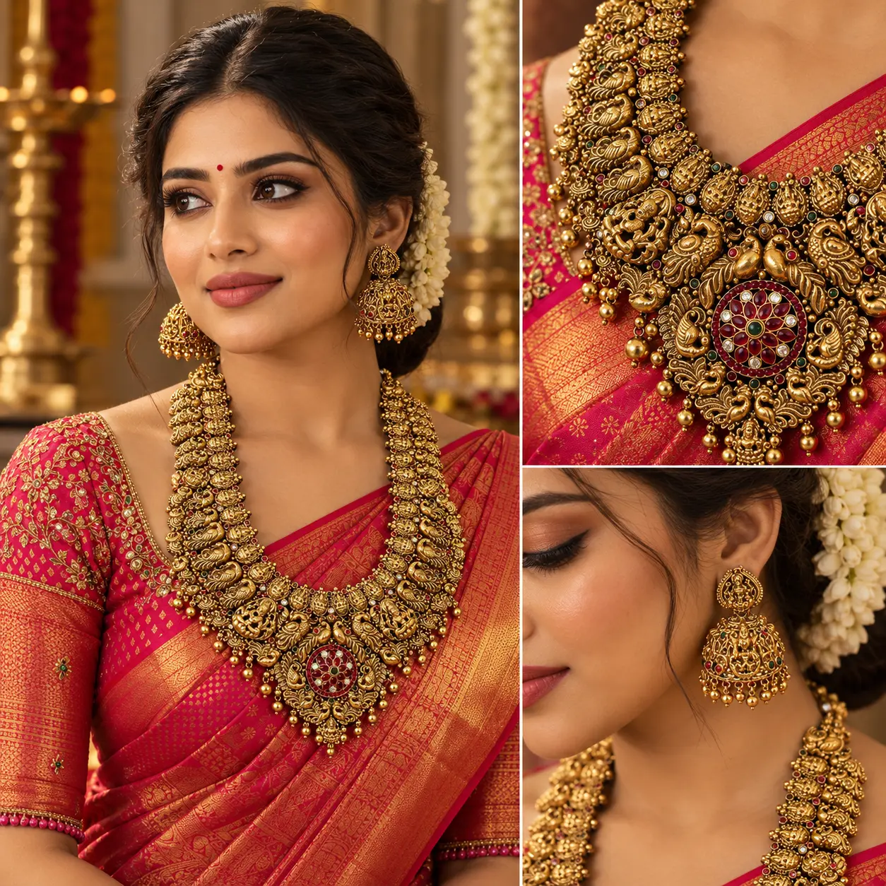 Traditional South Indian Long Haram Necklace & Matching Jhumkas - Image 2