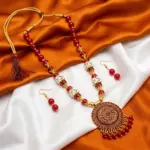 Red and Gold Beads Maala with Earrings