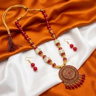 Red and Gold Beads Maala with Earrings