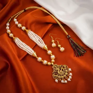 White and Gold Beads Maala with Earrings