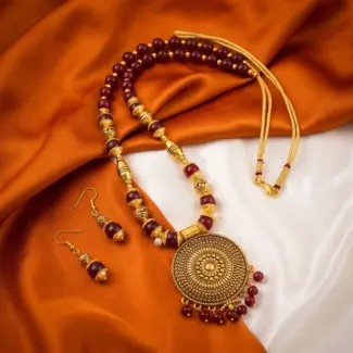 Maroon and Gold Beads Maala with Earrings