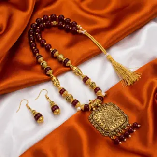 Red and Gold Beads Maala with Earrings