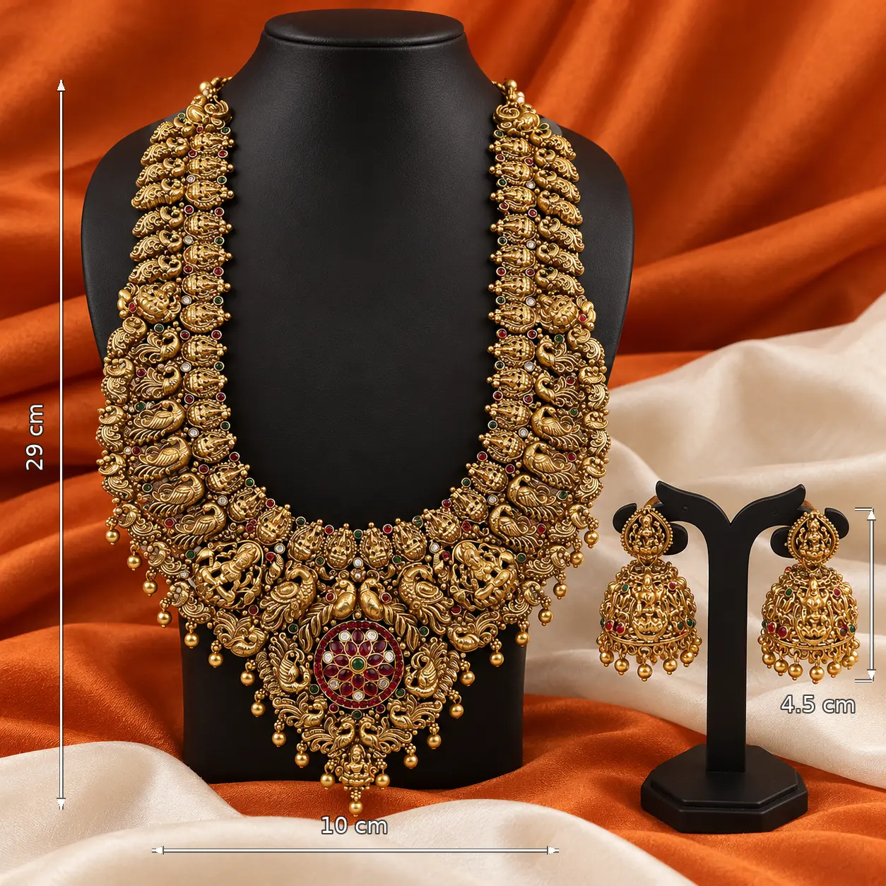 Traditional South Indian Long Haram Necklace & Matching Jhumkas - Image 3