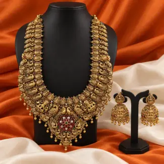 Traditional South Indian Long Haram Necklace & Matching Jhumkas