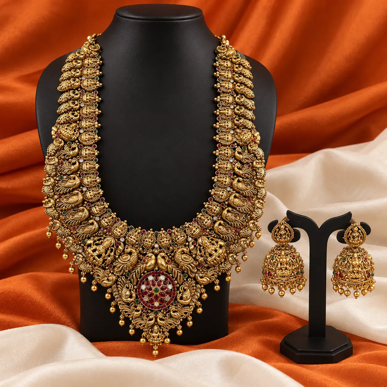 Traditional South Indian Long Haram Necklace & Matching Jhumkas