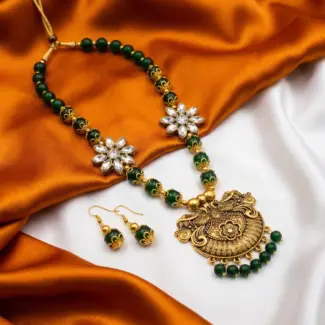 Green and Gold Maala with Earrings