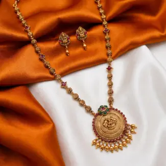 Traditional Antique Gold Lakshmi Pendant Long Necklace Set with Kemp Stones