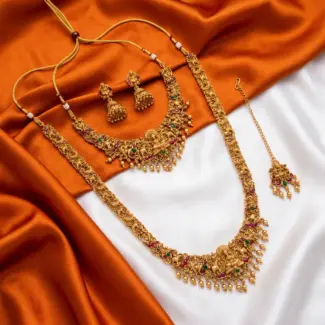 Traditional Matte Gold Temple Jewelry Set – Choker, Long Haram, Jhumkas and Maang Tikka
