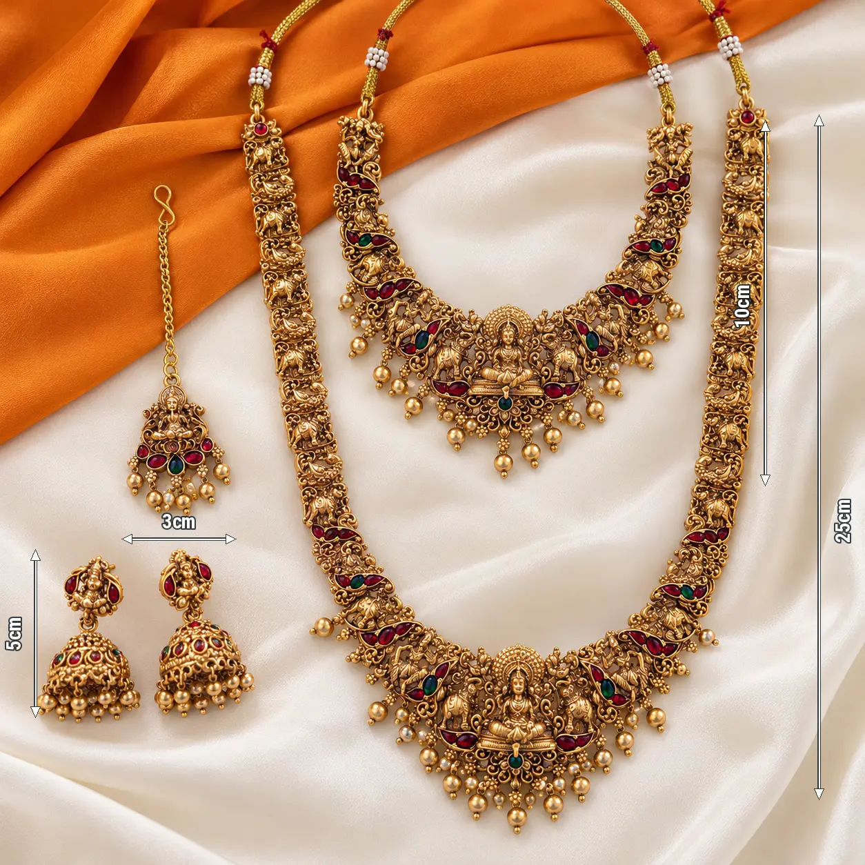 Traditional Matte Gold Temple Jewelry Set – Choker, Long Haram, Jhumkas and Maang Tikka - Image 3