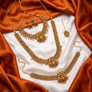 Divine Antique Temple Jewelry Bridal Set (5-Piece) - Includes Choker, Long Chain, Earrings, Hip Belt & Tikka