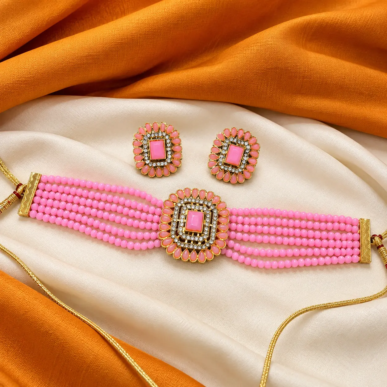 Pink Multi-Strand Beaded Choker Necklace & Earring Set