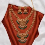 raditional Antique Gold-Plated Double Layer Lakshmi Haram Necklace Set with Green Beads and Jhumkas