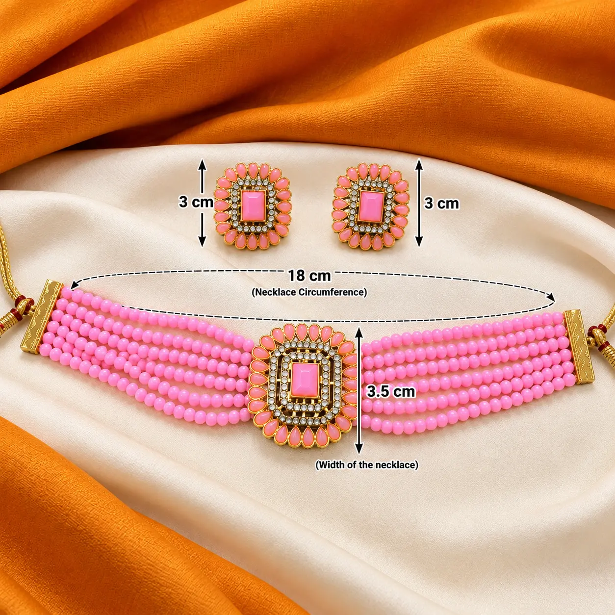 Pink Multi-Strand Beaded Choker Necklace & Earring Set - Image 3