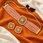 Peach Pink with Gold Finish Choker Set with Earrings