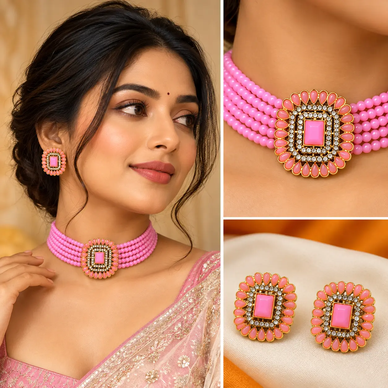 Pink Multi-Strand Beaded Choker Necklace & Earring Set - Image 2