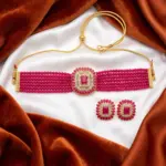 Majenta Pink with Gold Finish Choker Set with Earrings