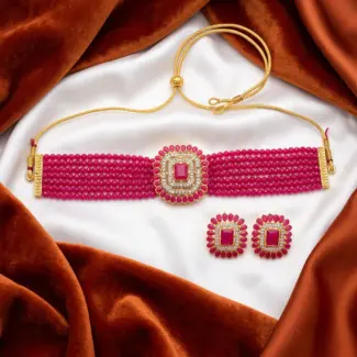 Majenta Pink with Gold Finish Choker Set with Earrings