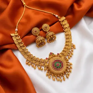 Traditional Gold Finish Peacock Motif Necklace Set with Matching Jhumkas