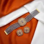 Gray with Gold Finish Choker Set with Earrings