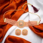 Peach Pink with Gold Finish Choker Set with Earrings